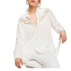 Free People Bird Off White Crochet Boho Whimsy Hippie Button Oversize Shirt SP